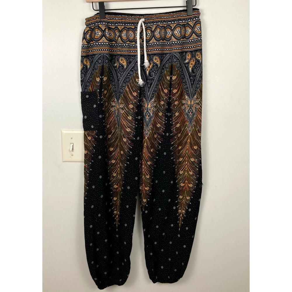Womens Black & Gold Peacock Feather Print Harem Pants Size M FLAW Boho Hippie